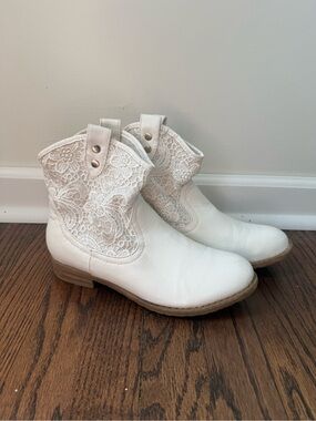 White Lace-Inset Western Ankle Boots